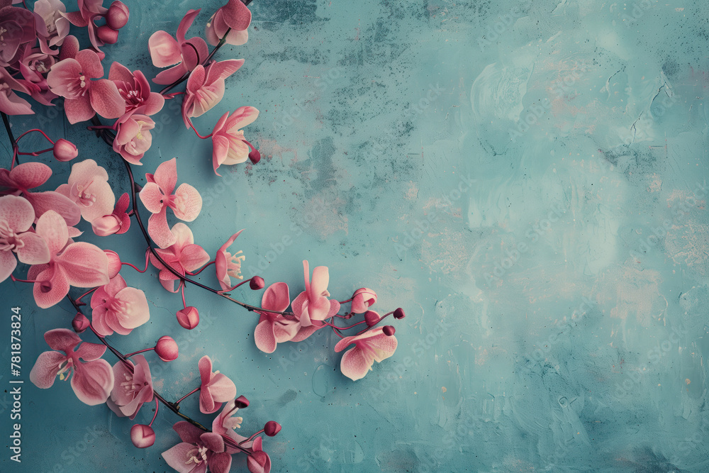 Poster slide background with colorful blossom branches framing on a painted wall. background image. created