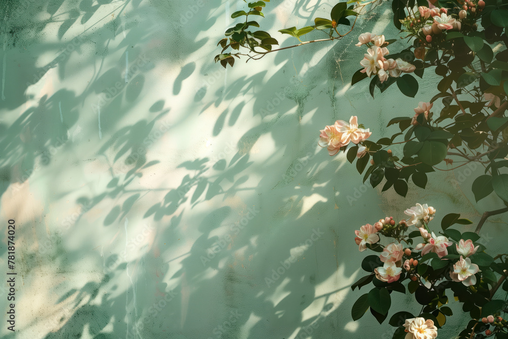 Poster Slide background with leaves and flowers framing on a painted wall. Background image. Created with Generative AI technology.