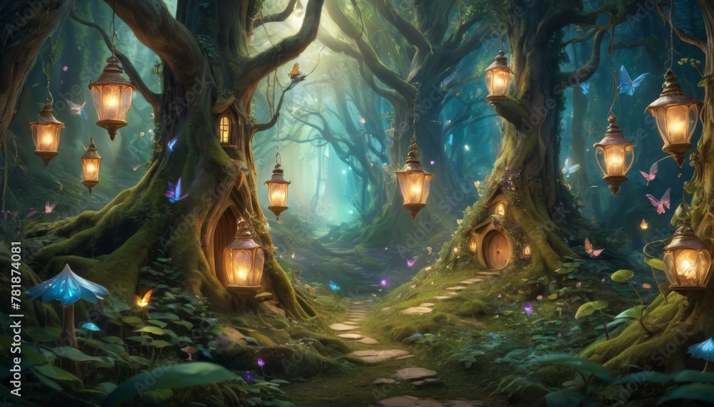 Poster a mystical forest pathway lit by lanterns, leading to enchanting treehouses and surrounded by magica