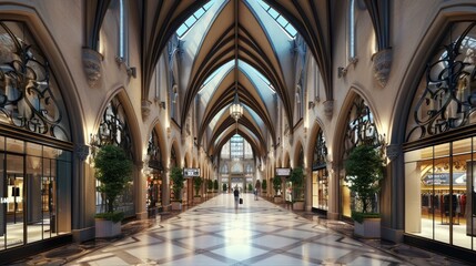 Gothic-themed shopping mall or retail center with grand entrances, vaulted arcades, and intricate wrought iron details  