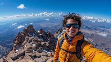 Smiling Mountaineer Taking a Selfie Atop a Rugged Peak