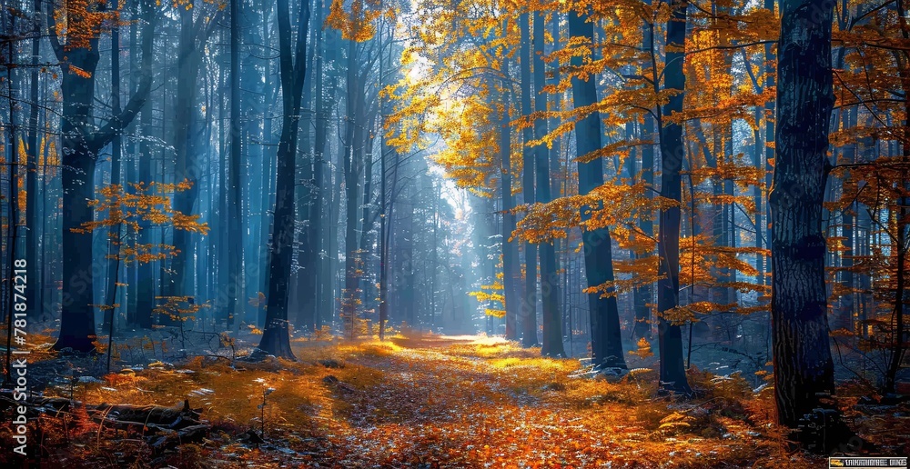 Poster autumnal serenity a path through a forest of fallen leaves generative ai