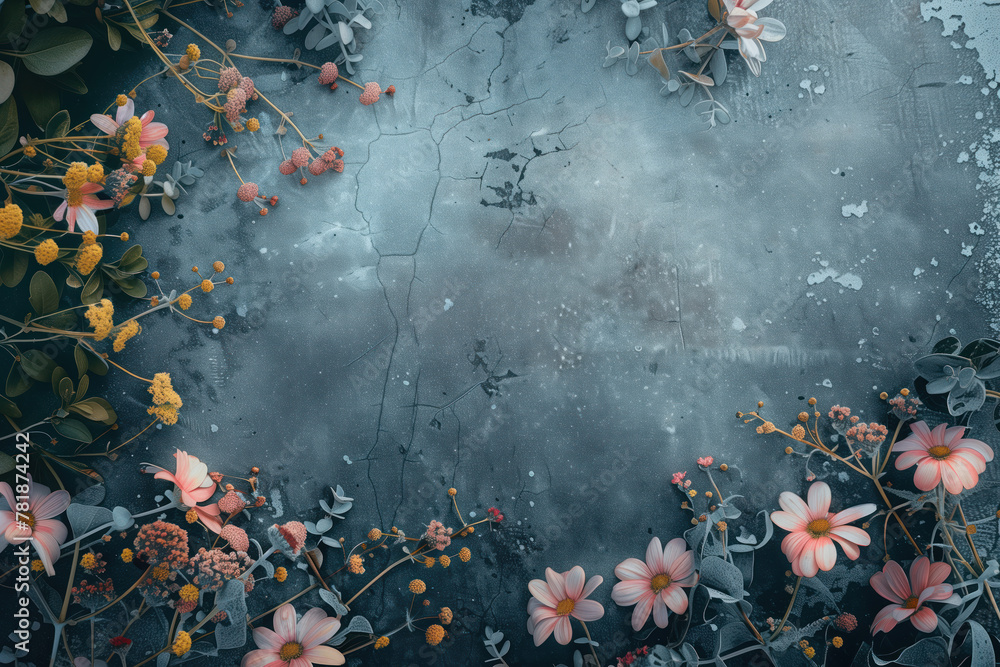 Poster slide background with field flowers framing on a painted wall. background image. created with genera