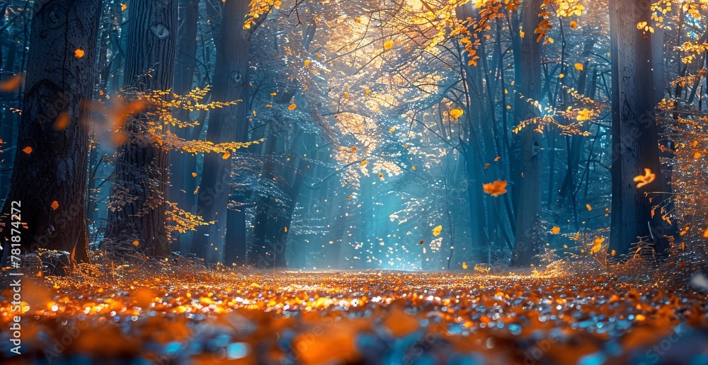 Poster autumnal enchantment a forest path illuminated by falling leaves generative ai