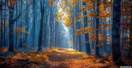 Fototapeta premium Autumnal Serenity A Path Through a Forest of Fallen Leaves Generative AI