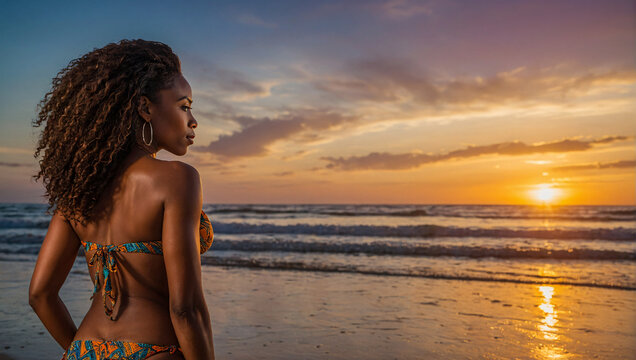 stunning african american woman wearing a bikini on the beach with beautiful sunset in the background