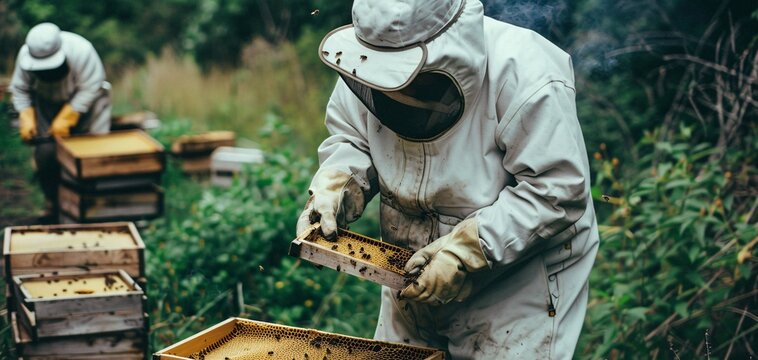 Beekeeper at Work Tending to Honeycomb and Managing Bees Generative AI