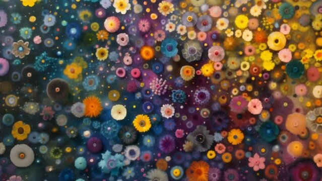 A vast field of conidia each one a different color forming a beautiful mosaic of shapes and patterns as they spread and multiply. . AI generation.