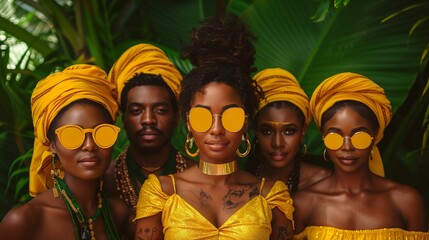 Group of Five Young Adults with Yellow Headwraps and Sunglasses - obrazy, fototapety, plakaty