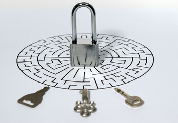 Keys and locks in the maze. Security keys used as background security systems, hacking, and...