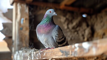 City pigeon in attic of an old wooden house