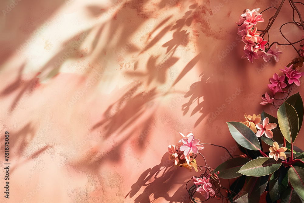 Poster slide background with colorful leaves and flowers framing on a stucco wall. background image. create