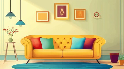 Round and cute sofa, home interior background.Vector flat style illustration