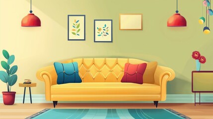 Round and cute sofa, home interior background.Vector flat style illustration