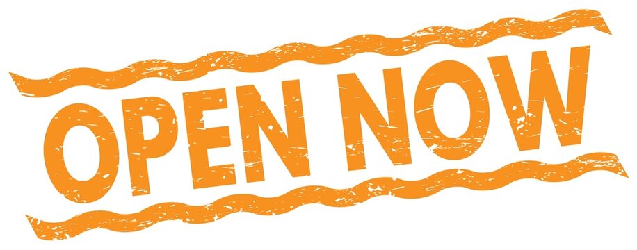 OPEN NOW text on orange lines stamp sign.
