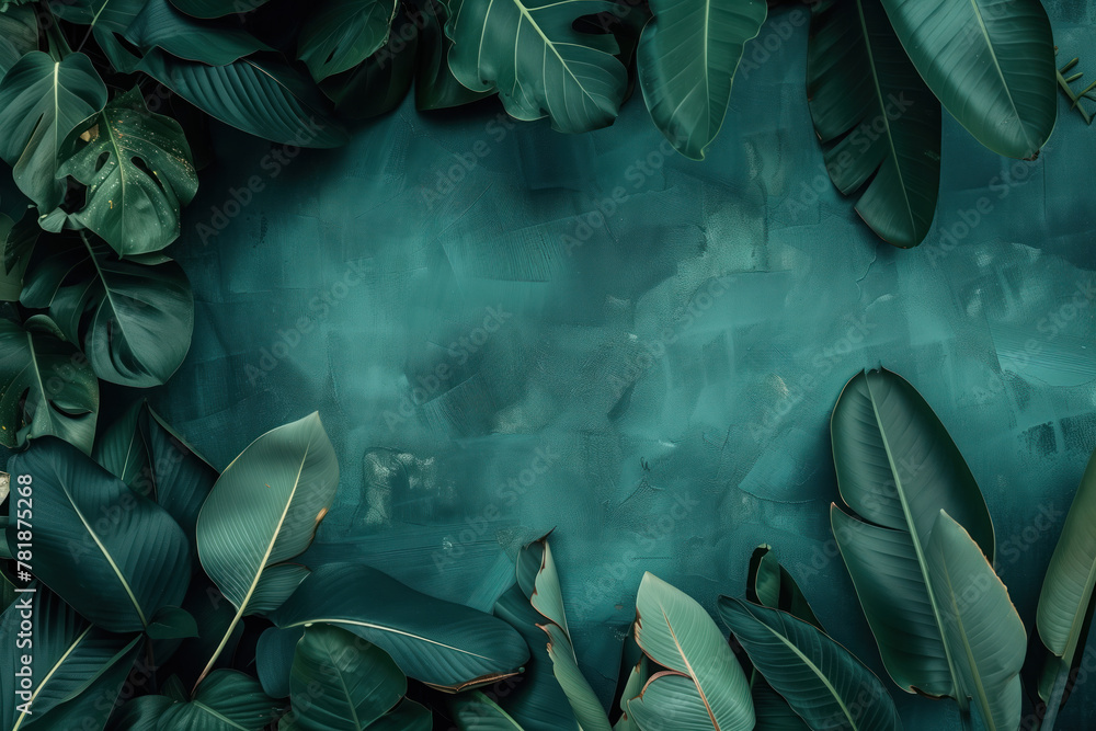 Aufkleber slide background with tropical leaves boarder on a green wall. background image. created with genera