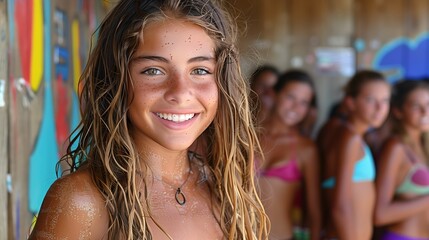 Smiling Teenage Girl with Wet Hair at Surf Shop