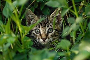 Naklejka na ściany i meble Adorable Stray Kitten Hiding in the Grass â€“ Cute, Funny, and Pretty Feline Mammal with Big Eyes Enjoying Summer Days