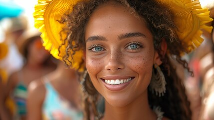 Young Woman with Sun Hat and Freckles Smiling