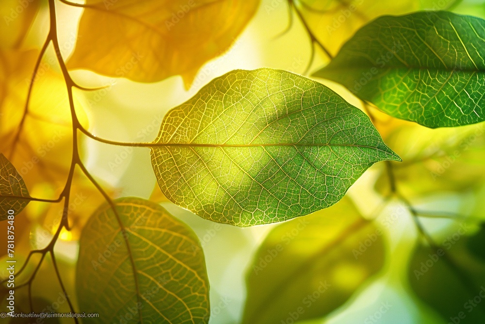 Poster the symphony of nature a close-up view of a leaf amidst a blurred background generative ai
