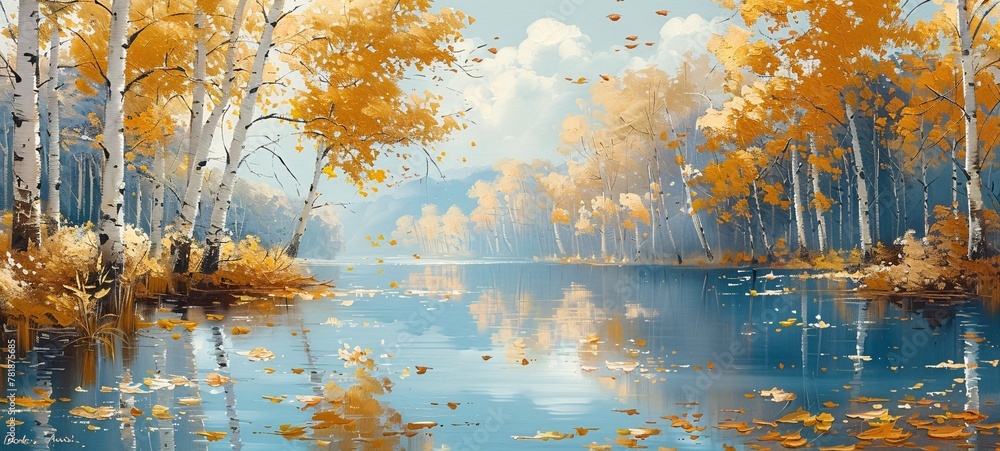 Poster autumnal serenity a painting of a tranquil lake surrounded by fallen trees and reflections generativ