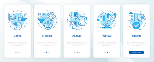 Six sigma processing stages blue onboarding mobile app screen. Walkthrough 5 steps editable graphic instructions with linear concepts. UI, UX, GUI template. Montserrat SemiBold, Regular fonts used - obrazy, fototapety, plakaty