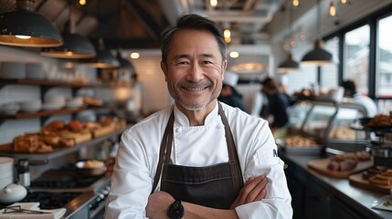 Fototapeta na wymiar Smiling Mature Asian Chef in Restaurant Kitchen