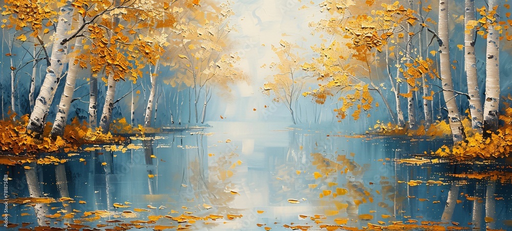 Poster autumnal serenity a painting of a tranquil lake surrounded by fallen trees and reflections generativ