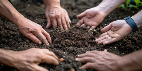 Caring for environment ecology. Many hands dig ground around plants. Farmers with sprout fertile land. Agriculture concept. Gardener on plantation presses sprouts into soil. Agriculture, Grow food