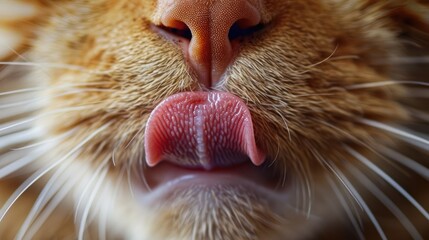 Close-Up Macro Shot of a Red Domestic Cat's Tongue - Cat Tongue Texture in High Resolution for Backgrounds and Designs - obrazy, fototapety, plakaty