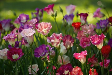 Fototapeta premium Colorful Lisianthus Blossoms in a Flowerbed Garden with Green Grass Surroundings