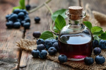 Obraz na płótnie Canvas Delicious Blueberry Syrup in Glass Bottle on Wooden Background - Perfect for Desserts and More