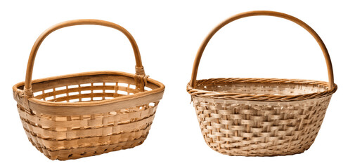 two empty wicker baskets isolated on transparent background
