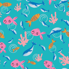 Sea animals vector seamless pattern design - obrazy, fototapety, plakaty