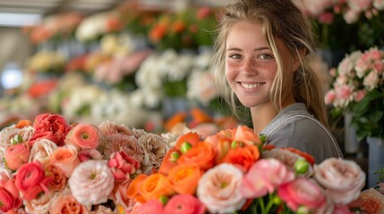 Young Woman Smiling Behind Colorful Bouquet of Ranunculus Flowers