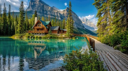 Emerald Lake Lodge Resort in the Heart of Rockies. Cabins on Lake with a Mountain Backdrop and Wooden Bridge