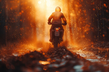 back of man rider on a sport enduro motorcycle races on forest at sunset - obrazy, fototapety, plakaty
