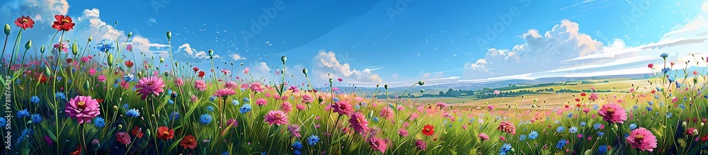 Poster blossoming dreams a journey through a field of colorful flowers generative ai