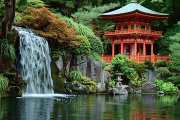 Fototapeta premium Find Your Fengshui Goals with a Traditional Tor Gate in a Garden: Enhance Luck, Fun, and Liberty with Harmonious Wind and Water Elements 