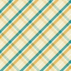 Seamless diagonal plaid patterns in green yellow turquoise and beige for textile design. Tartan plaid pattern with a cross-shaped graphic background for a fabric print. Vector illustration.