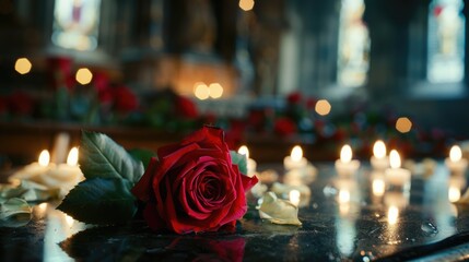 Funeral Cremation Urn with Red Rose and Burning Candles. A Tribute with Funeral Candles and Flowers for Funeral Chapels and Churches - obrazy, fototapety, plakaty