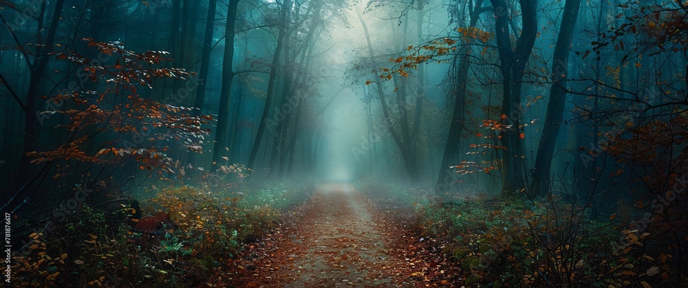 Poster mystical path through a foggy forest generative ai