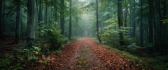 Autumnal Path in the Woods A Journey Through Nature's Seasonal Transition Generative AI - obrazy, fototapety, plakaty