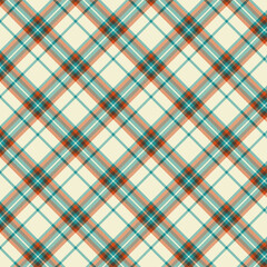 Seamless diagonal plaid patterns in green orange brown and beige for textile design. Tartan plaid pattern with a cross-shaped graphic background for a fabric print. Vector illustration.