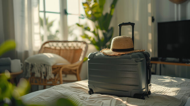 Gray suitcase with handbag and summer hat packing ready to travel vacation on bed at home or hotel