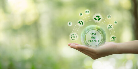 Save the planet,eco friendly, saving environment, save clean planet, ecology concept. Green business and sustainable environment. Protect the environment. World earth day, world environmental day.. - obrazy, fototapety, plakaty