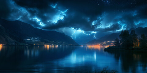 landscape panorama with thunderstorms and thunderbolt lightning in dark blue night sky in nature over a lake with mountains