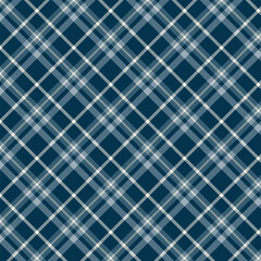 Seamless diagonal plaid patterns in dark blue and beige for textile design. Tartan plaid pattern with a cross-shaped graphic background for a fabric print. Vector illustration.