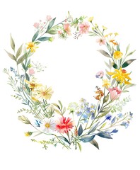 floral wreath made of wildflowers, illustrated in soft watercolor