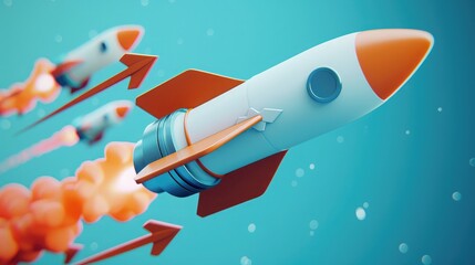 Launching rocket with arrows on blue background. Start up and new beginning concept. 3D Rendering,Launching rocket on blue sky background. Startup and exploration concept. 3D Rendering
